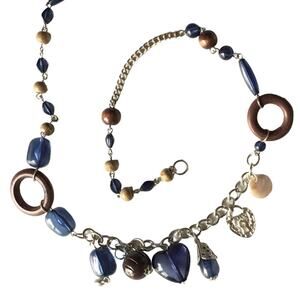 Cottage core blue heart and wooden accent necklace